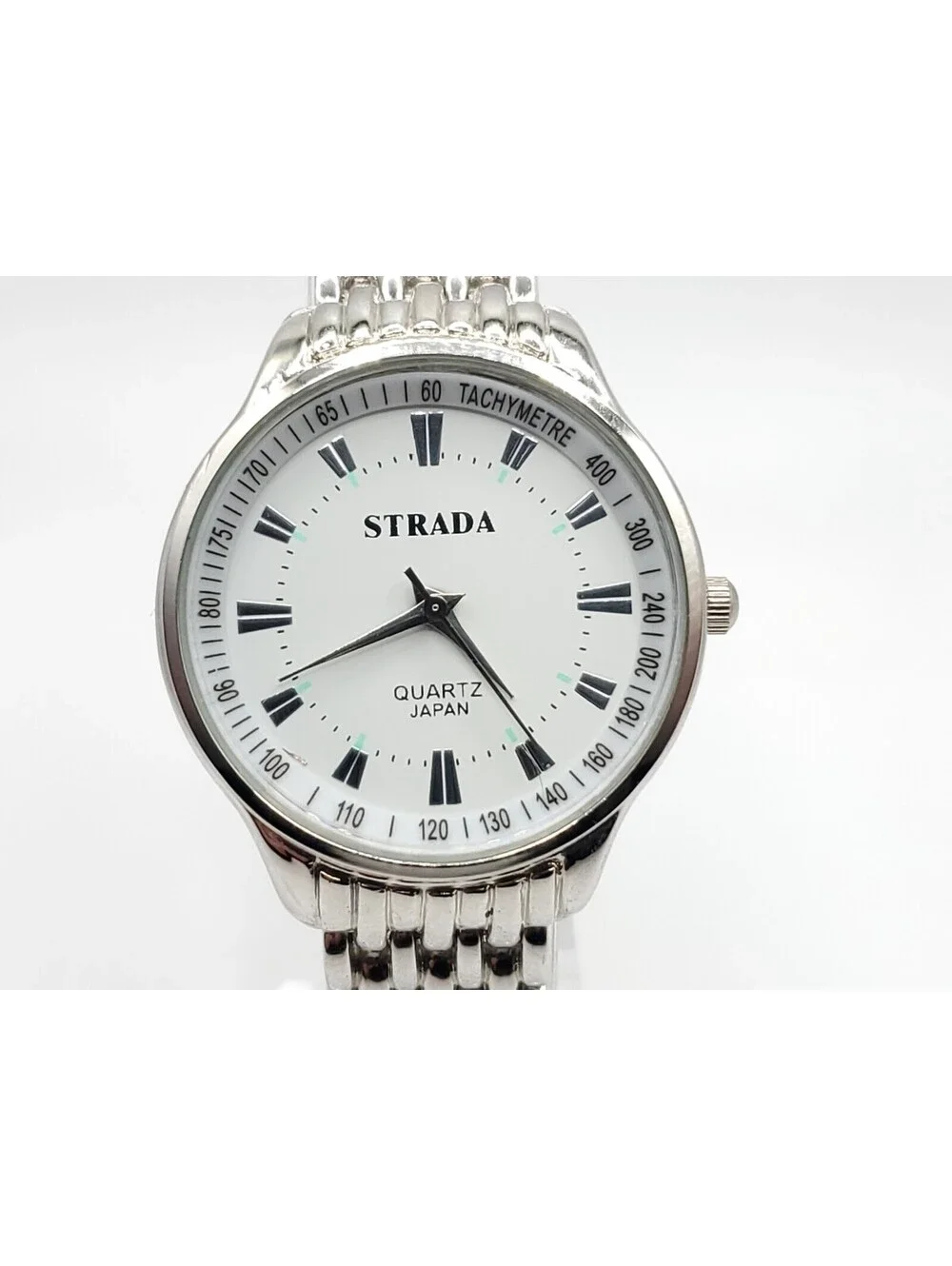 Strada Quartz Womens Watch New Battery Silver Tone Tachymetre White Dial 32mm